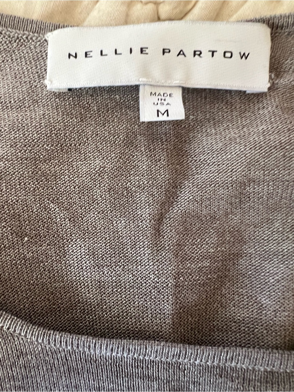 Nelle Partow Silk Knit Taupe minimalist Sweater with ribbed textured sleeves - Picture 5 of 6